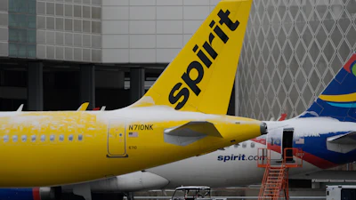 Spirit Airlines planes parked at the closed George Bush Intercontinental Airport, Jan. 21, 2025, in Houston.
