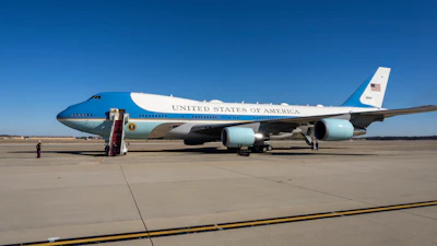 Air Force One is prepared for the arrival of President Donald Trump at Joint Base Andrews, Md., Friday, Feb. 14, 2025.