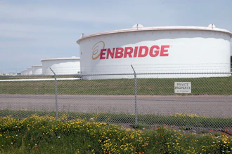 The corporate name stands out on tanks shown Friday, June 29, 2018 at at the Superior terminal of Enbridge Energy in Superior, Wis.