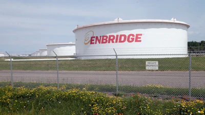 The corporate name stands out on tanks shown Friday, June 29, 2018 at at the Superior terminal of Enbridge Energy in Superior, Wis.