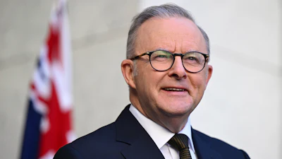 Australian Prime Minister Anthony Albanese on Tuesday, Feb. 11, 2025, speaks in Canberra, about his telephone conversation with President Donald Trump who Albanese says has agreed to consider a tariff exemption on Australian steel and aluminum imports.