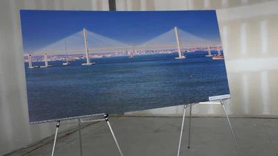 New design plans for the Francis Scott Key Bridge are unveiled during a news conference with Maryland Gov. Wes Moore in Edgemere, Md., on Tuesday, Feb. 4, 2025.