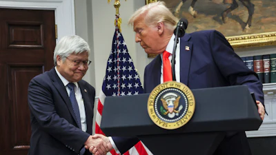 President Donald Trump shakes hands with C.C. Wei, chairman and CEO of Taiwan Semiconductor Manufacturing Company, in the Roosevelt Room of the White House in Washington, Monday, March 3, 2025.