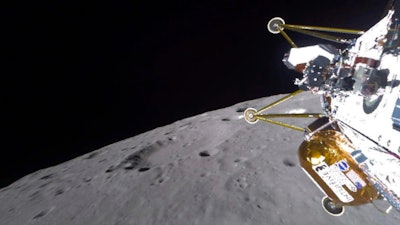 This photo provided by NASA shows the Intuitive Machines' Athena lander approaching the surface of the moon on Thursday, March 6, 2025.