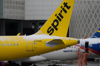 Spirit Airlines planes parked at the closed George Bush Intercontinental Airport, Jan. 21, 2025, in Houston.
