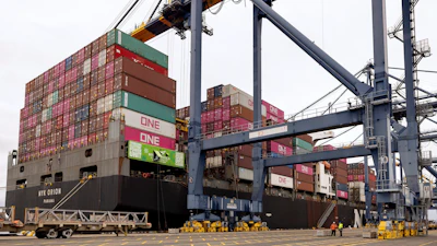 A cargo ship is plugged in to an electric grid at the Yusen Terminal in the Port of Los Angeles, San Pedro, Calif., March 11, 2025.