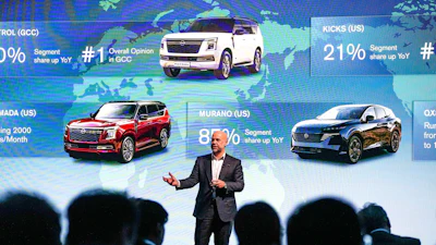 In this photo provided by Nissan Motor Corp., Ivan Espinosa, who will become the chief executive at Japanese automaker Nissan in April, speaks at the Nissan Technical Center in Atsugi, Japan, Wednesday, March 25, 2025.