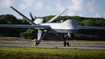 An MQ-9 Reaper aircraft is seen in Kaneohe Bay, Hawaii, United States, on Aug. 7, 2024.