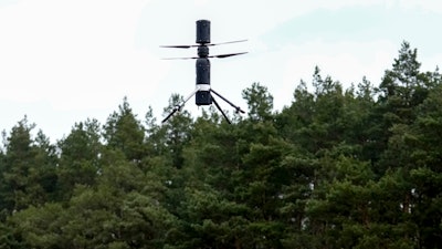 A prototype AI-based drone system with an autonomous Al-based system for early detection of forest fires by Dryad Networks, takes off during the presentation of Silvaguard, in Eberswalde, eastern Germany, Thursday, March 27, 2025.