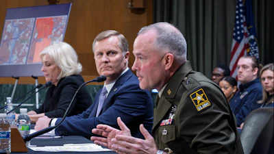 Brig. Gen. Matthew Braman, director of Army Aviation, center, answers questions, joined from left by Jennifer Homendy, chair of the National Transportation Safety Board, and Chris Rocheleau, acting administrator of the Federal Aviation Administration, as the Senate Transportation Subcommittee holds a hearing to examine the preliminary report by the National Transportation Safety Board on the Jan. 29, 2025, midair collision of an Army Black Hawk helicopter and an American Airlines regional jet, on Capitol Hill in Washington, Thursday, March 27, 2025.