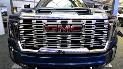 This is the grill on a GMC Sierra Heavy Duty Denali HD 2500 truck on display at the Pittsburgh International Auto Show in Pittsburgh, Feb. 15, 2024.