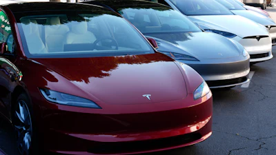 Tesla vehicles are displayed at the AutoMobility LA Auto Show, Thursday, Nov. 21, 2024, in Los Angeles.