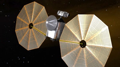 This image from video animation provided by NASA in October 2022 depicts the Lucy spacecraft.