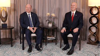U.S. Senator Pete Ricketts, right, and Chris Coons are interviewed by the Associated Press in Taipei, Taiwan, Thursday, April 17, 2025.