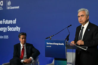 Britain's Secretary for Energy Security Ed Miliband looks on as Fatih Birol, Executive Director of the International Energy Agency (IEA) speaks on day one of the International Summit on the Future of Energy Security at Lancaster House in London, Thursday April 24, 2025.