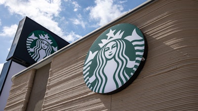 A view of the exterior shows a 3D printed Starbucks building Monday, April 28, 2025, in Brownsville, Texas.