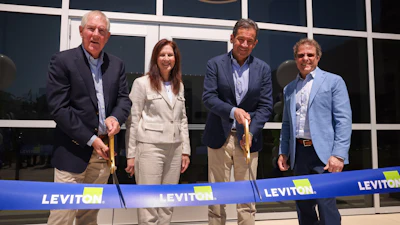 Fiber Factory Expansion Ribbon Cutting: Donald Hendler (Chairman of the Board), Karen Berry (Senior Director of Operations, Leviton Fuquay Varina, NC), Daryoush Larizadeh (President and Chief Executive Officer), Ross Goldman (Chief Operating Officer Leviton Network Solutions, Chief Sustainability Officer, Leviton).