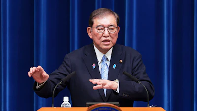 Japan Prime Minister Shigeru Ishiba speaks during a news conference at the prime minister's office in Tokyo, Japan, Tuesday, April 1, 2025.