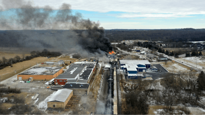 This photo taken with a drone shows portions of a Norfolk Southern freight train that derailed in East Palestine, Ohio, Feb. 4, 2023.
