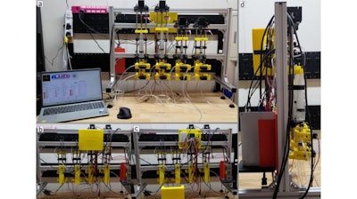 Different views of the FLUID (Flowing Liquid Utilizing Interactive Device) open-source robotic system: (a) front view; (b) rear view; (c) rear view with the wiring of the control circuit exposed; and (d) side view.