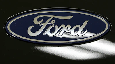 A Ford logo is seen on a 2025 Ford Expedition during a media tour at the Ford Motor Company Kentucky Truck Plant, Wednesday, April 30, 2025, in Louisville, Ky.