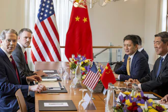 U.S. Secretary of the Treasury Scott Bessent, left, U.S. Trade Representative Jamieson Greer, second left, Chinese ambassador to the World Trade Organization Li Chenggang, second right, and Chinese Vice Premier He Lifeng, right, attend a bilateral meeting between the United States and China, in Geneva, Switzerland, on Saturday, May 10, 2025.