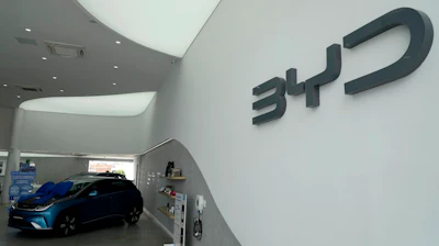 BYD vehicles are for sale in a dealership in Camacari, Bahia state, Brazil, Friday, March 7, 2025.