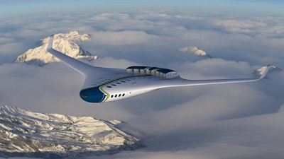 An artist's rendering of a 100-passenger hybrid-electric aircraft that uses hydrogen as fuel.
