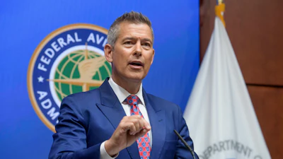 Secretary of Transportation Sean Duffy speaks during a news conference to provide a status update on Newark Liberty International Airport at the Department of Transportation in Washington, Wednesday, May 28, 2025.