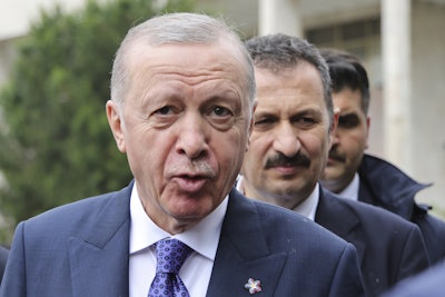 Turkish President Recep Tayyip Erdogan attends the European Political Community summit in Tirana, Albania, Friday, May 16, 2025.