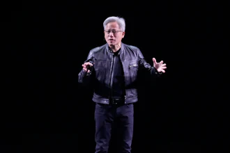 NVIDIA CEO Jensen Huang delivers his keynote address Wednesday, June 11, 2025 at the Vivatech fair in Paris.