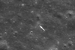 This image provided by NASA shows an annotation indicating the impact site for ispace's Resilience lunar lander, seen by the Lunar Reconnaissance Orbiter Camera on June 11, 2025.