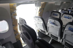 This image taken Jan. 7, 2024, and released by the National Transportation Safety Board, shows the section of a a Boeing 737 Max where a door plug fell while Alaska Airlines Flight 1282 was in flight.