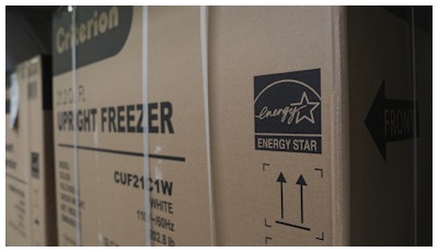 An Energy Star logo is displayed on a box for a freezer Jan. 21, 2025, in Evendale, Ohio.