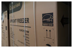 An Energy Star logo is displayed on a box for a freezer Jan. 21, 2025, in Evendale, Ohio.