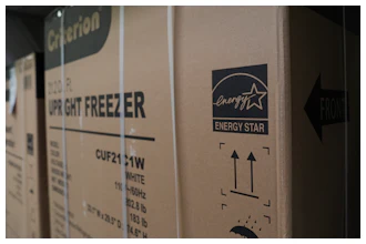 An Energy Star logo is displayed on a box for a freezer Jan. 21, 2025, in Evendale, Ohio.