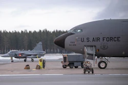 A JAS 39 Gripen C/D fighter jet, left, passes a US KC-135 Stratotanker, a US military tanker aircraft, during military exercise Nordic Response at Luleå-Kallax Airport near Luleå, Sweden, March 4, 2024.