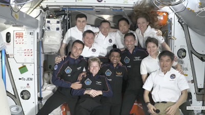 This image provided by NASA shows visiting crew in dark blue, Hungary's Tibor Kapu, left, Axiom Space's Peggy Whitson, center left, India's Shubhanshu Shukla, center right, and Poland's Slawosz Uznanski-Wisniewski aboard the International Space Station, Thursday June 26, 2025.