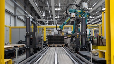 Clarios battery palletization robot in a packaging facility.