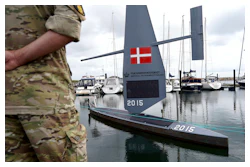 A Saildrone 'Voyager', uncrewed surface vehicle (USV), is moored at the Koge Marina in Koge, eastern Denmark, Monday, June 16, 2025.