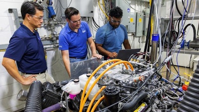 SwRI extracted a fuel cell system from a vehicle to create this novel test setup. The team developed unique control technology to manipulate fuel cell operations, allowing for advanced and robust testing and analysis.
