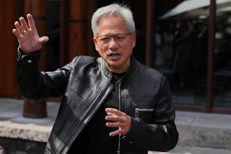 CEO of Nvidia Jensen Huang speaks during a press conference at the Mandarin Oriental Qianmen after attending the third China International Supply Chain Expo, in Beijing, Wednesday, July 16, 2025.