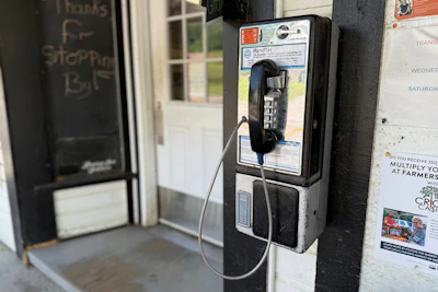 A phone installed by engineer Patrick Schlott is pictured outside the North Tunbridge General Store on July 16, 2025, in Tunbridge, Vt.
