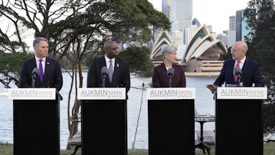 Australian Deputy Prime Minister Richard Marles, from left, Britain's Secretary of State for Foreign, Commonwealth and Development Affairs David Lammy, Australian Foreign Minister Penny Wong and Britain's Secretary of State for Defence John Healey hold a press conference at Admiralty House following the Australia-UK Ministerial Consultations (AUKMIN) in Sydney, Australia, Friday, July 25, 2025.