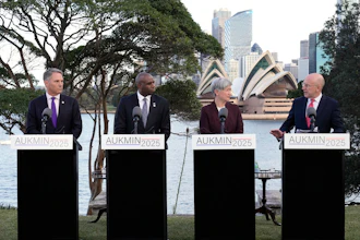 Australian Deputy Prime Minister Richard Marles, from left, Britain's Secretary of State for Foreign, Commonwealth and Development Affairs David Lammy, Australian Foreign Minister Penny Wong and Britain's Secretary of State for Defence John Healey hold a press conference at Admiralty House following the Australia-UK Ministerial Consultations (AUKMIN) in Sydney, Australia, Friday, July 25, 2025.
