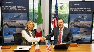 L3Harris Technologies Integrated Mission Systems President Jon Rambeau and ELT Group CEO and COO Domitilla Benigni take part in a ceremonial signing to formalize a new strategic partnership to establish a multi-sensor test facility for commercial, military and government programs.