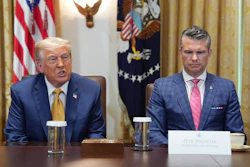 President Donald Trump, left, with Defense Secretary Pete Hegseth, right, during a cabinet meeting at the White House, Tuesday, July 8, 2025, in Washington.