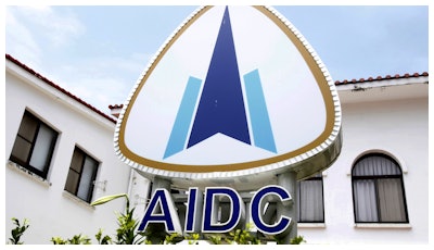 In this April 25, 2018 photo, the logo of the Aerospace Industrial Development Corp. (AIDC) is seen in Taichung, Taiwan.