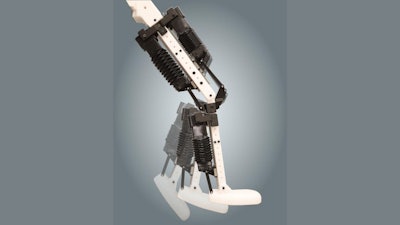 A composite image of the robotic leg — with integrated artificial muscles — bending at the ankle and knee.