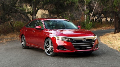 This photo provided by Honda shows the 2022 Accord Hybrid, a midsize sedan available used for less than $25,000 and with EPA-estimated fuel economy exceeding 40 mpg.